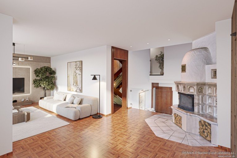 Wohnen Kamin digital bearbeitetes Einrichtungsbeispiel Vaterstetten Doppelhaush�lfte Design-Splitlevelhaus mit B�ro/Labor